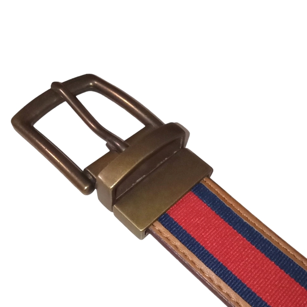 New! Italian Bonded Leather Belt Brown/Red/Blue Fabric Mens Size Small